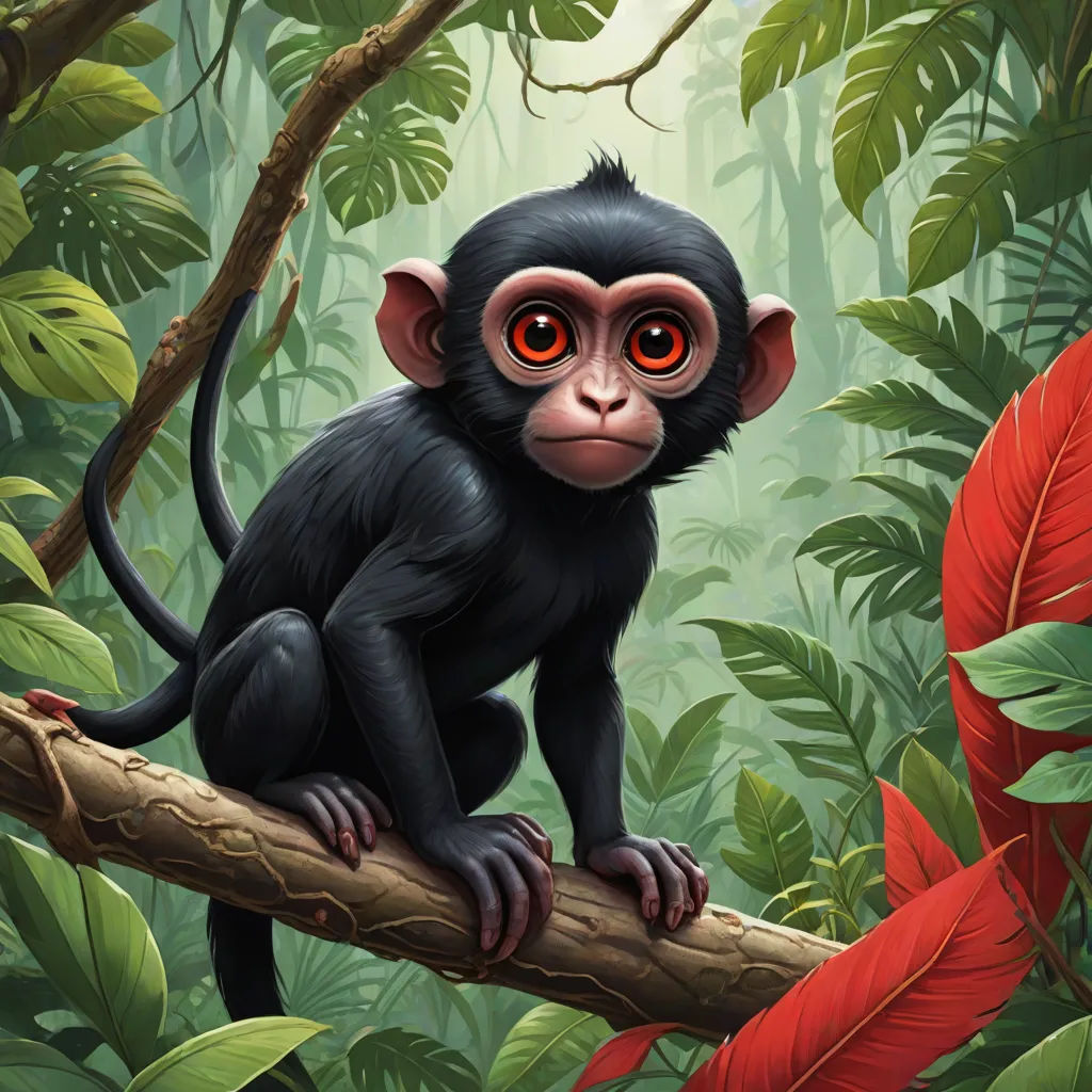 a monkey sitting on a branch in a jungle with red eyes and a green background with leaves and a red flower, a digital painting, Chris LaBrooy, fantasy art, highly detailed digital painting