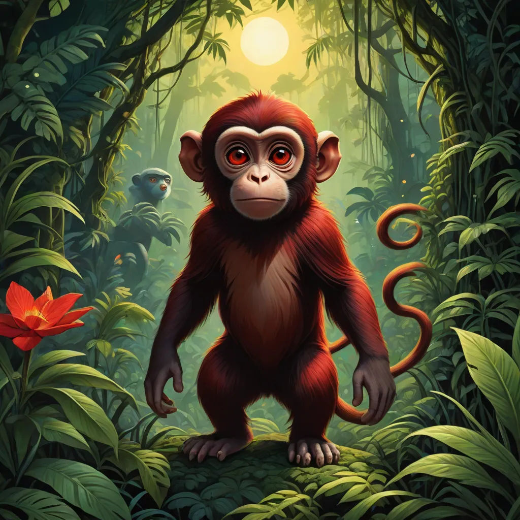 a monkey standing in the middle of a jungle with a red flower in its mouth and a bird flying above, a character portrait, Chris LaBrooy, sumatraism, promotional image