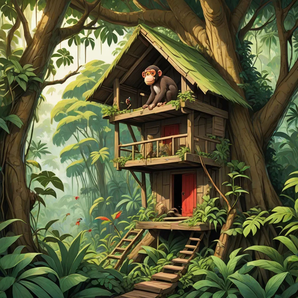 a tree house with a monkey sitting on the roof of it in the middle of a jungle with a ladder leading up to the roof, a detailed matte painting, Chris LaBrooy, fantasy art, kinkade