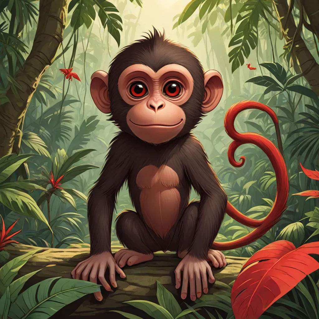 a monkey sitting on a tree branch in the jungle with a number 3 on it's back and a red tail, a digital painting, Alex Petruk APe, sumatraism, highly detailed digital painting
