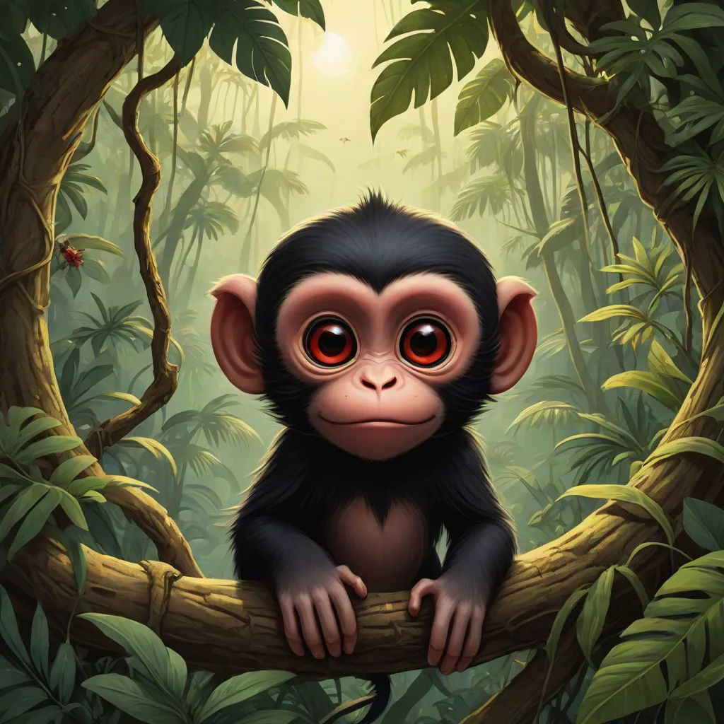 a monkey sitting on a branch in a jungle with red eyes and a bug in its mouth, with a sun shining through the trees, a digital painting, Alex Petruk APe, pop surrealism, highly detailed digital painting
