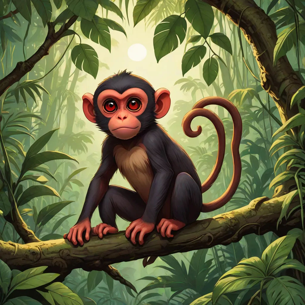 a monkey sitting on a branch in a jungle with a full moon in the background and leaves on the ground, a digital painting, Chris LaBrooy, sumatraism, highly detailed digital painting
