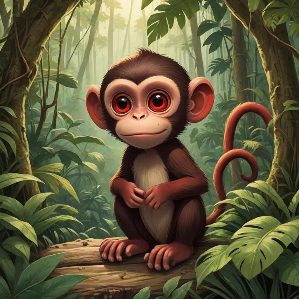 a monkey sitting on a log in a jungle with red eyes and a tail, with a tree trunk in the foreground, a digital painting, Chris LaBrooy, pop surrealism, highly detailed digital painting