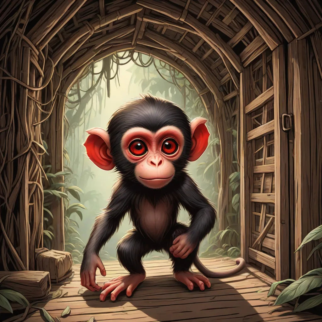 a monkey is standing on a wooden platform in a tunnel with bamboo trees and a bamboo roof in the background, a digital painting, Cyril Rolando, fantasy art, highly detailed digital painting