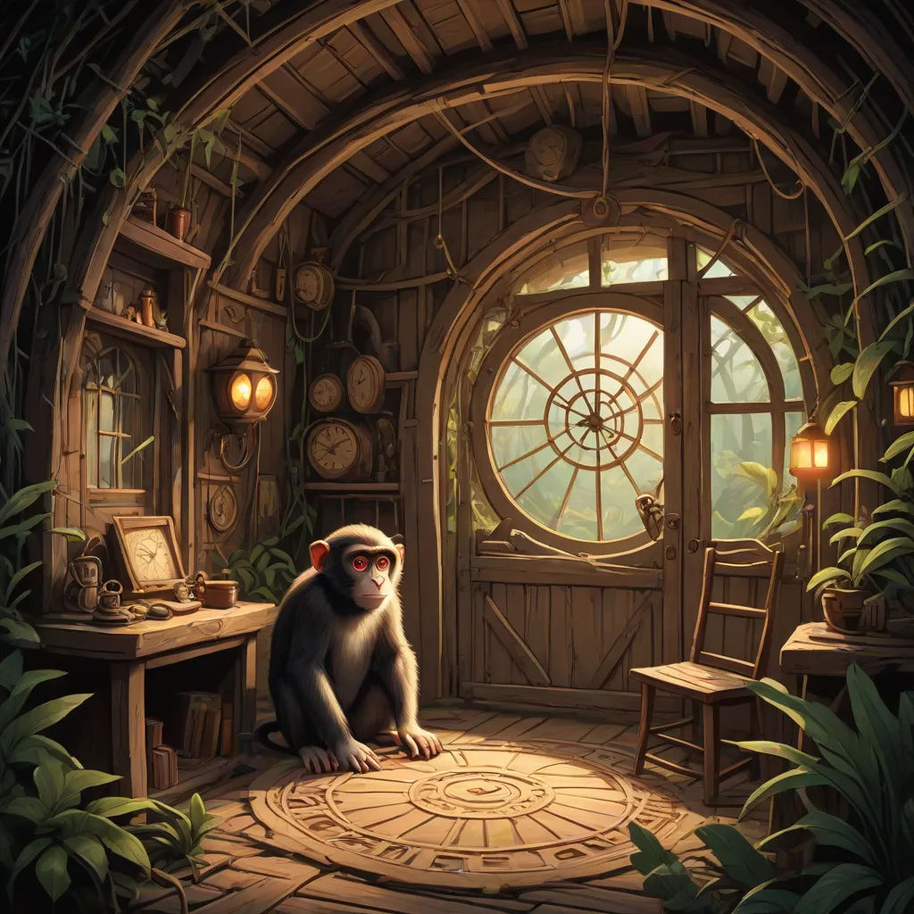 a monkey sitting on a rug in a room with a window and a desk with a clock on it, a detailed matte painting, Chris LaBrooy, fantasy art, rossdraws global illumination