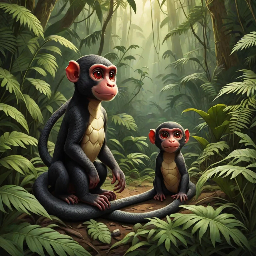 a couple of monkeys sitting on top of a tree in a forest next to a baby monkey on a log, a digital painting, Chris LaBrooy, sumatraism, highly detailed digital painting
