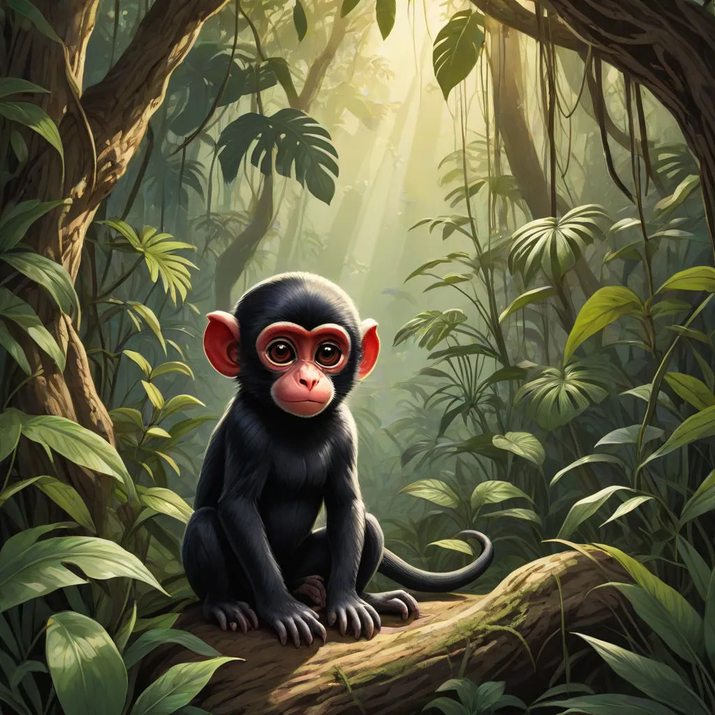 a monkey sitting on a log in a jungle with sunlight streaming through the trees and leaves on the ground, a digital painting, Diego Gisbert Llorens, sumatraism, highly detailed digital painting