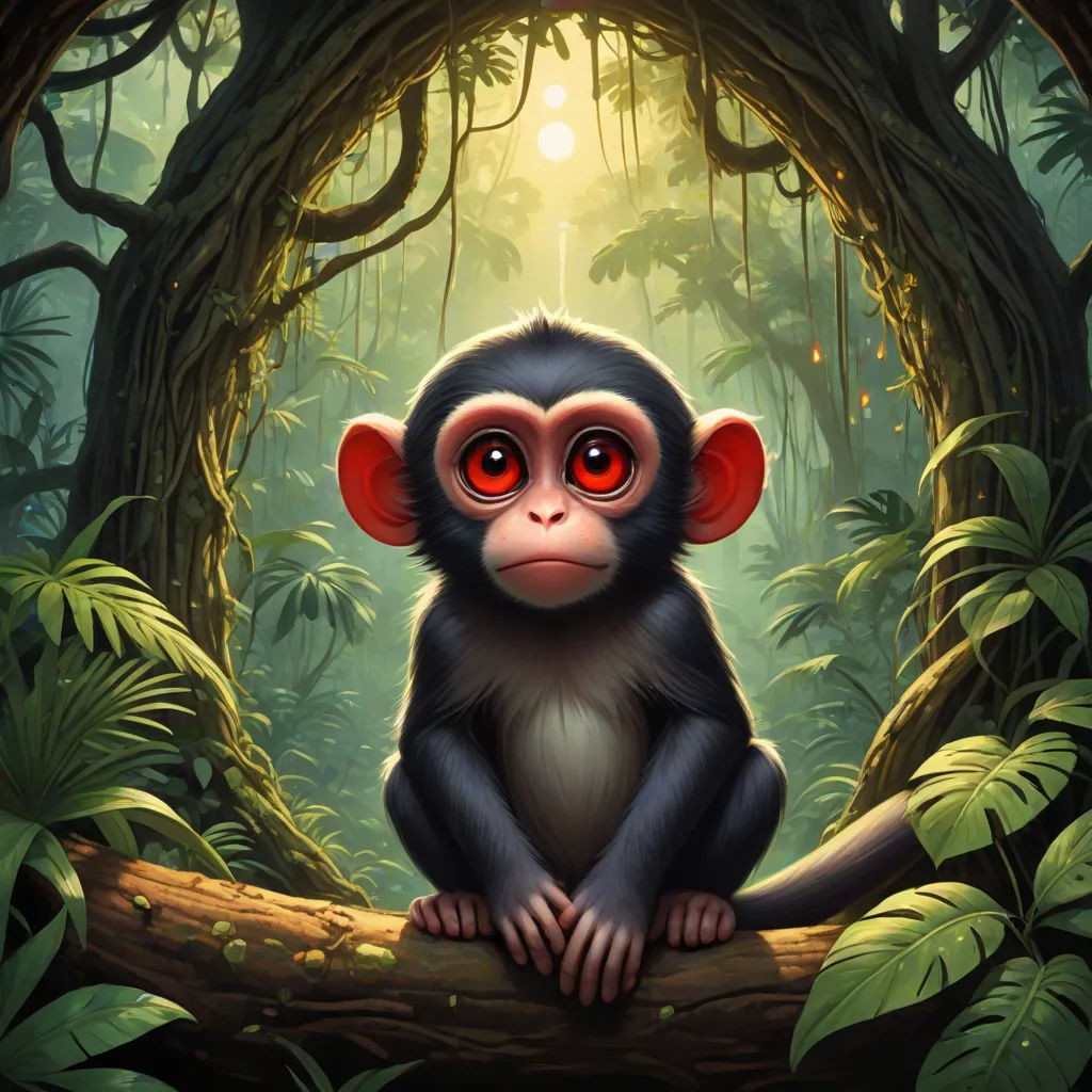 a monkey sitting on a tree branch in a forest with a bright light shining through the trees behind it, a digital painting, Cliff Childs, fantasy art, highly detailed digital painting