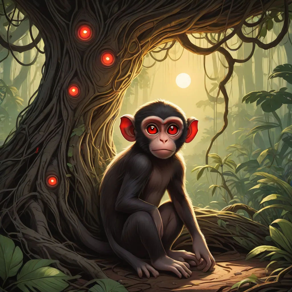a monkey sitting in the middle of a forest with red eyes and glowing eyes on it's face, a character portrait, Dan Mumford, neo-primitivism, rossdraws global illumination