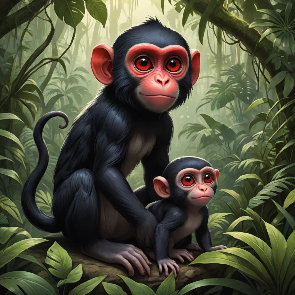 a monkey and a baby monkey sitting in the jungle together, with red eyes and a black face, on a rock, a digital painting, Art of Brom, fantasy art, highly detailed digital painting