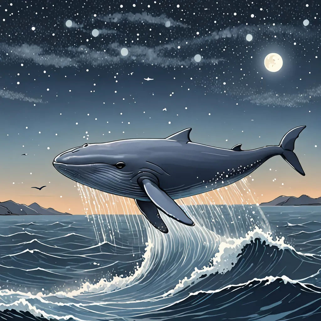 a dolphin jumping out of the water at night time with a full moon in the background and stars in the sky, rayonism, a storybook illustration, Chris LaBrooy, storybook illustration