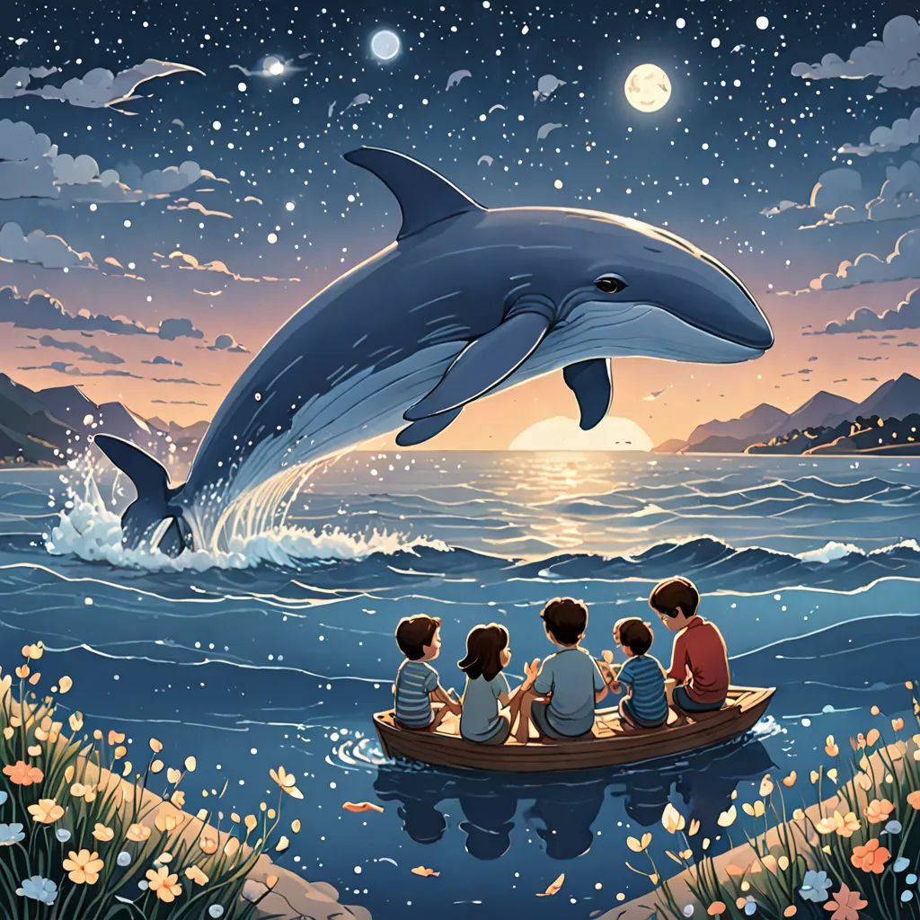 a painting of a dolphin jumping out of the water with people in a boat watching it from the shore, magical realism, a storybook illustration, Cyril Rolando, storybook illustration