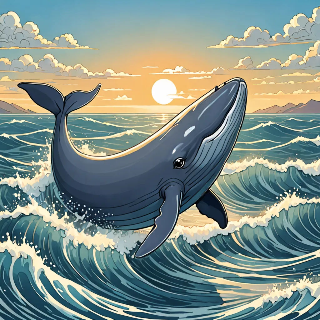 a whale jumping out of the water at sunset or sunrise time with a wave coming in front of it, rayonism, a storybook illustration, Dan Mumford, comic cover art