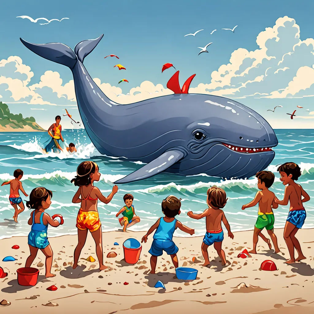 a group of children playing on the beach with a whale in the background and a man in the water, pop surrealism, a storybook illustration, Chris LaBrooy, highly detailed digital painting