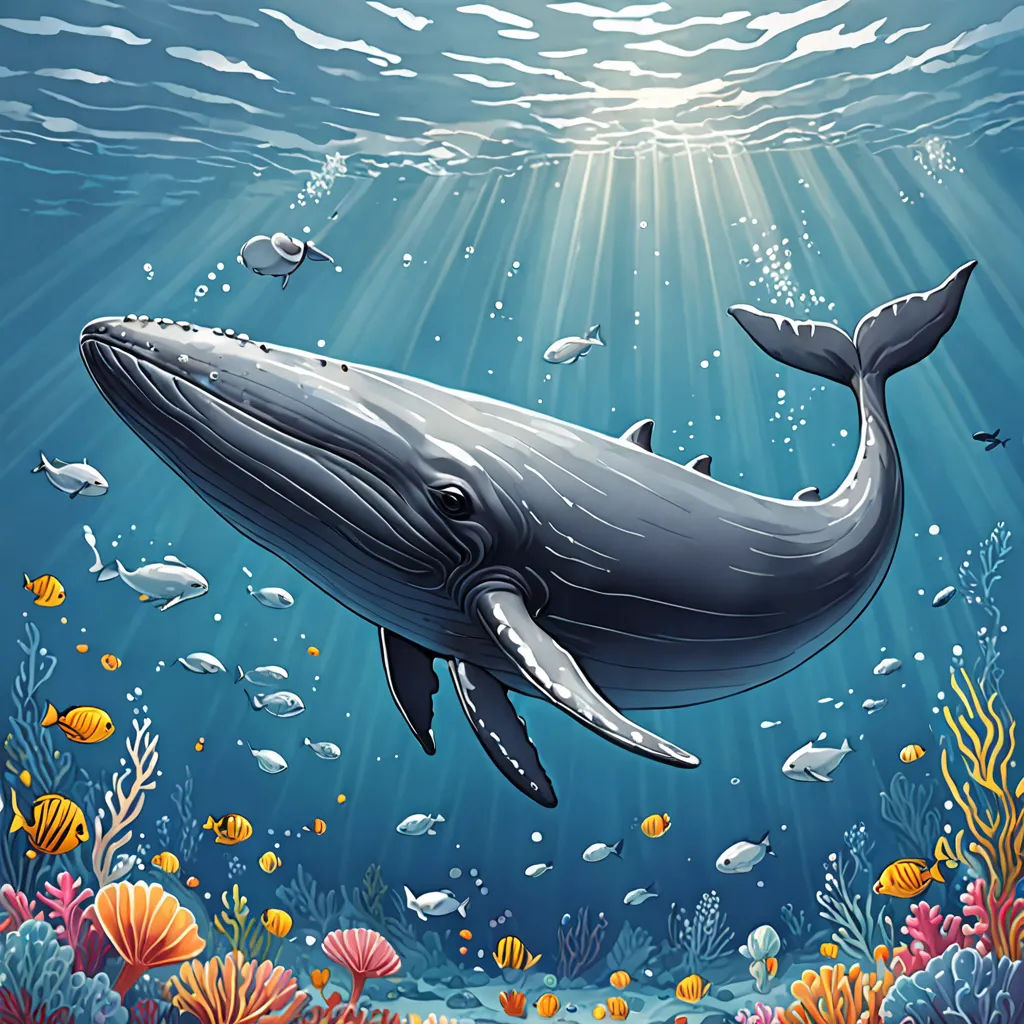 a whale swimming in the ocean with fish around it and a sunbeam above it, with a fish swimming in the water, rayonism, a storybook illustration, Dan Mumford, highly detailed digital painting