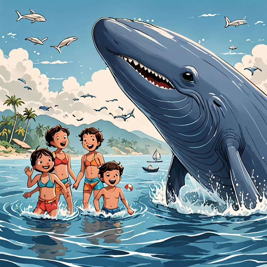 a group of children standing in the water next to a whale with a big mouth and teeth on it, context art, a storybook illustration, Diego Gisbert Llorens, storybook illustration