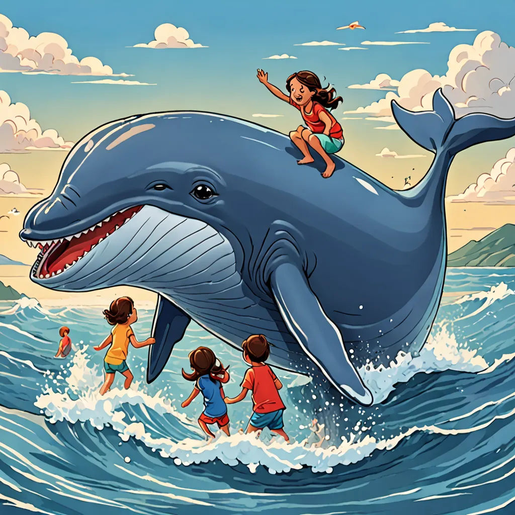 a cartoon of a girl riding a dolphin with two children in the water and a man on the back of the dolphin, magical realism, a storybook illustration, Asaf Hanuka, storybook illustration