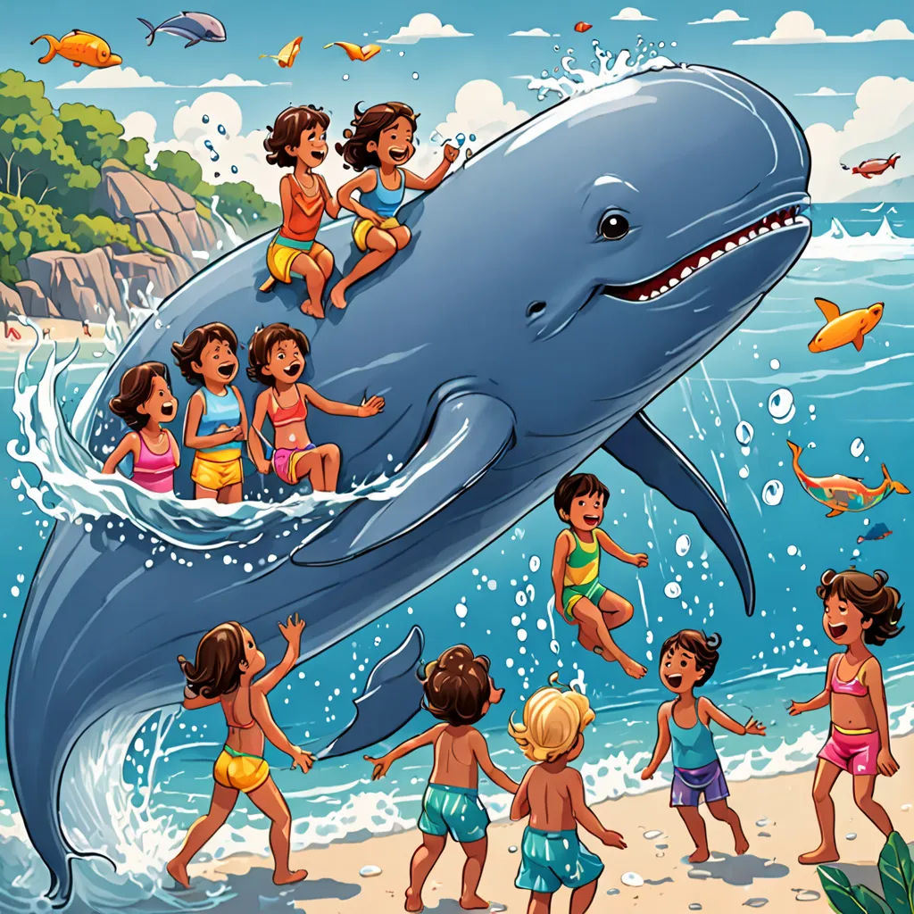 a group of children standing around a whale on the beach with a shark in the background and a shark in the water, lyco art, a storybook illustration, Diego Gisbert Llorens, storybook illustration