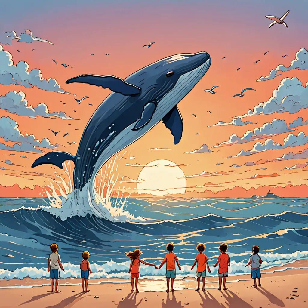 a painting of a whale jumping out of the water at sunset with children watching it from the beach with a plane flying overhead, rayonism, a storybook illustration, Dan Mumford, extreme illustration