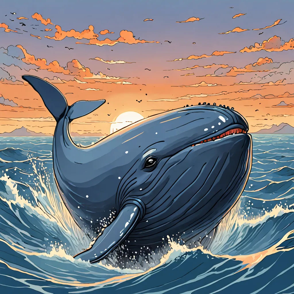 a blue whale is jumping out of the water at sunset or sunrise with a full moon in the background, rayonism, a storybook illustration, Dan Mumford, josan gonzales and dan mumford