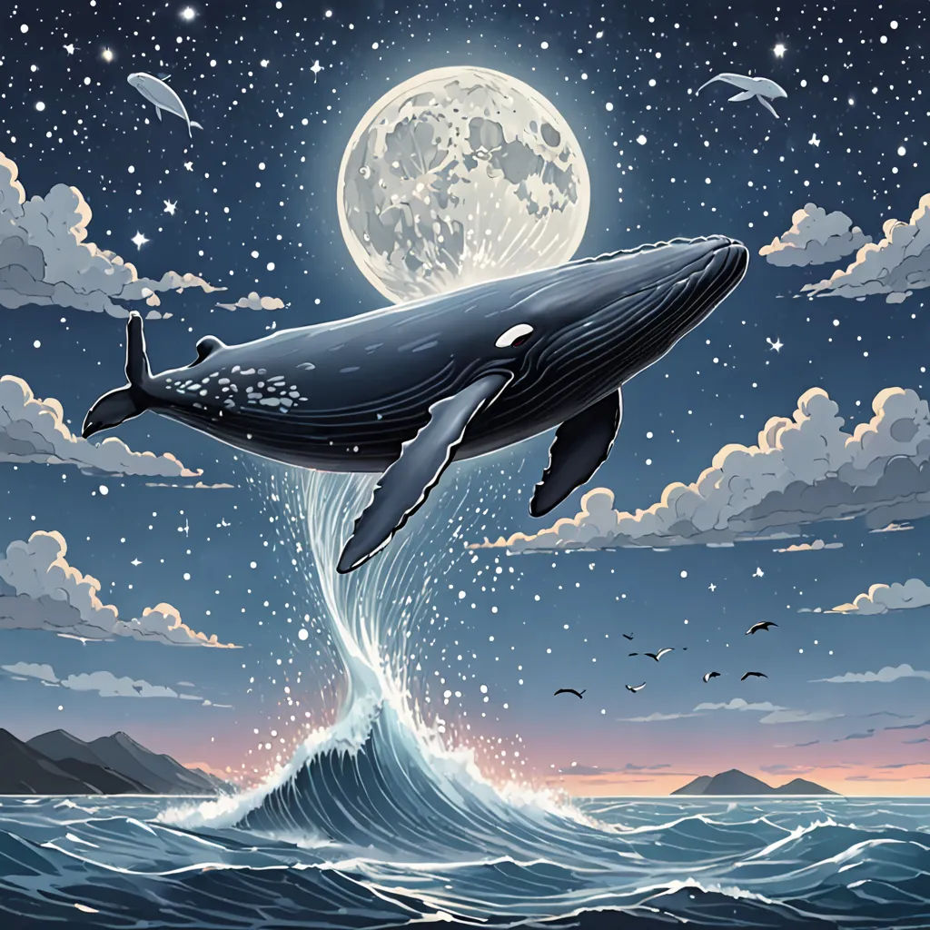 a whale jumping out of the water at night with a full moon in the background and birds flying around, space art, a storybook illustration, Dan Mumford, detailed illustration