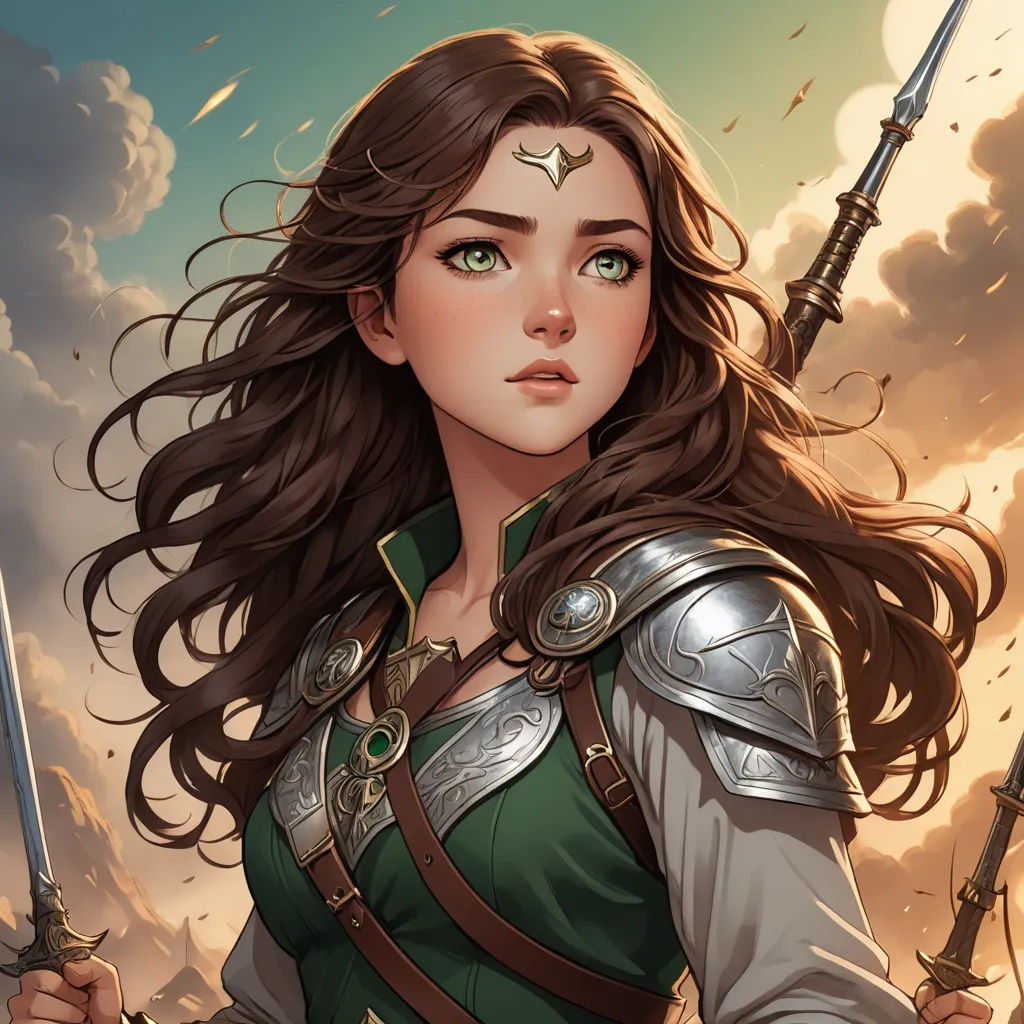 a woman with a sword and armor on her shoulder and a sky background with clouds and clouds behind her, fantasy art, a character portrait, Artgerm, stanley artgerm lau