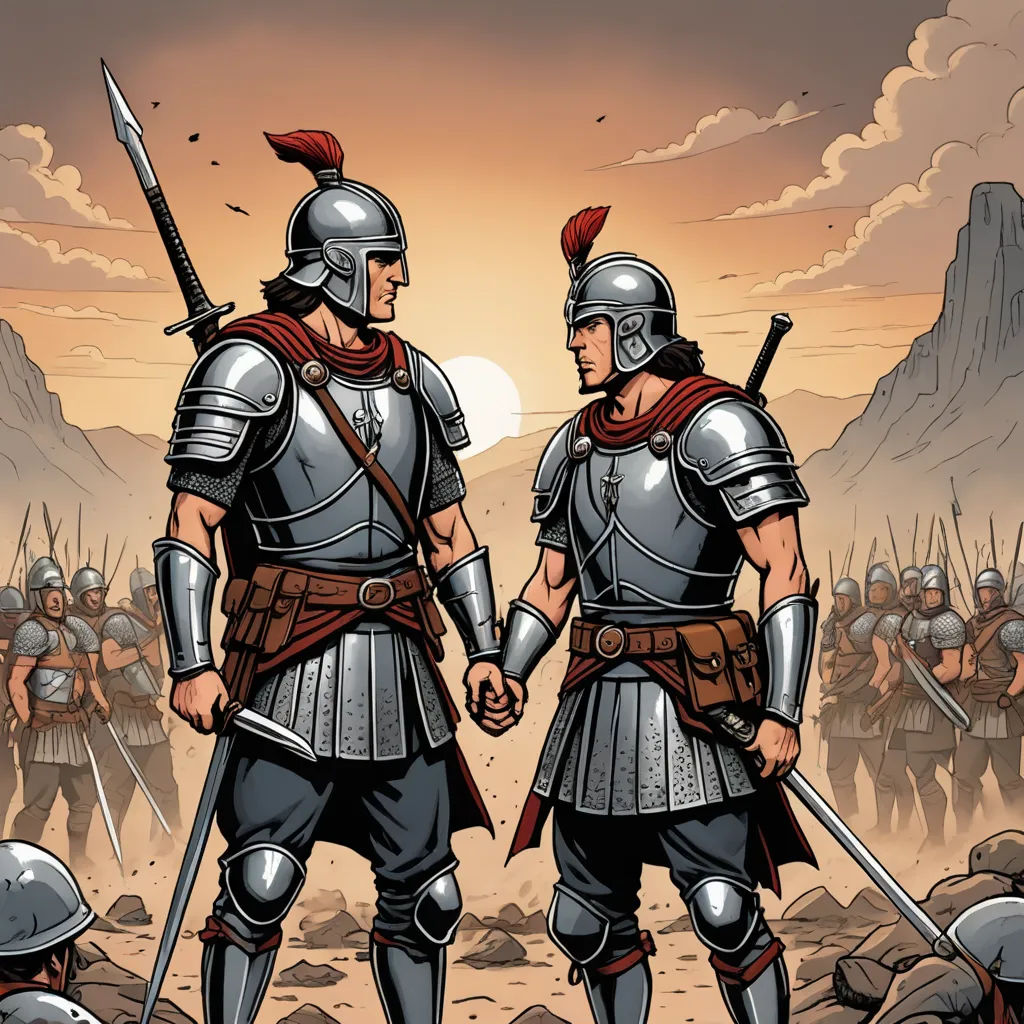 two men in armor standing next to each other in front of a mountain range with a sunset in the background, antipodeans, a comic book panel, Brothers Hildebrandt, graphic novel