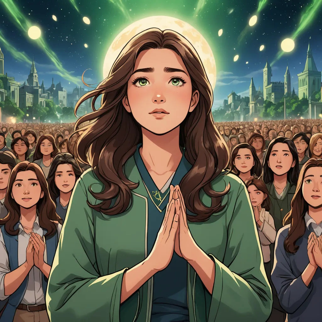 a woman standing in front of a crowd of people with her hands together in front of her face and a city in the background, rayonism, a storybook illustration, Cyril Rolando, rossdraws global illumination