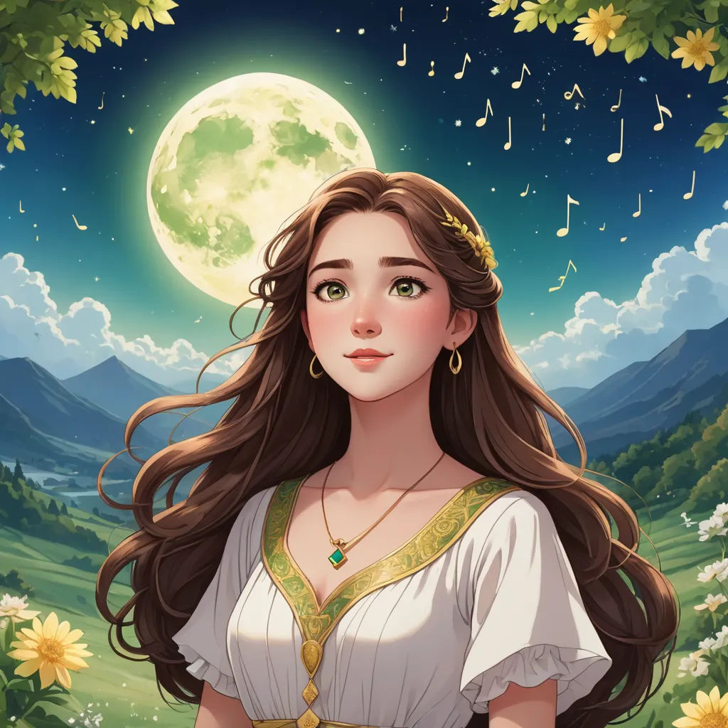 a woman in a dress standing in front of a full moon and flowers with a green background and a mountain range in the background, fantasy art, a character portrait, Alice Prin, kinkade