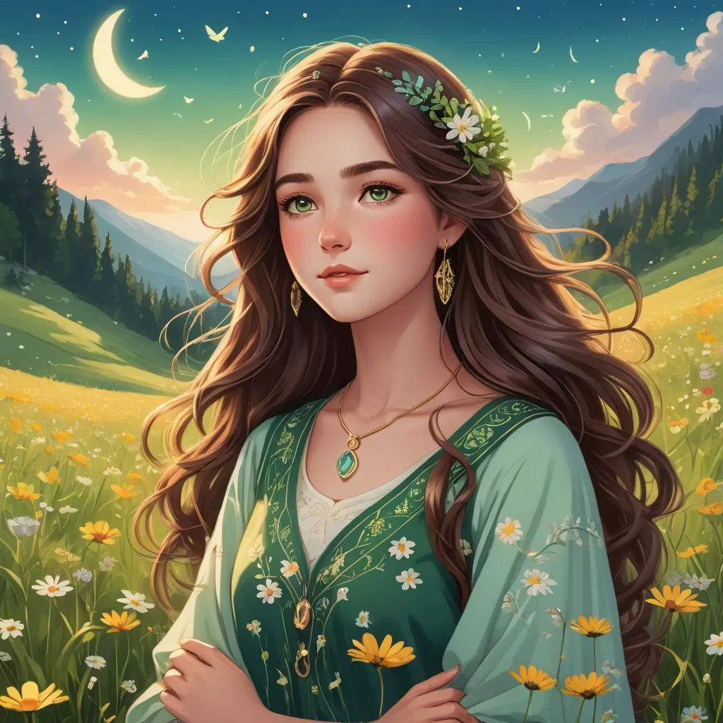 a painting of a woman in a green dress standing in a field of flowers with a crescent moon in the background, fantasy art, a detailed painting, Alice Prin, trending on art station