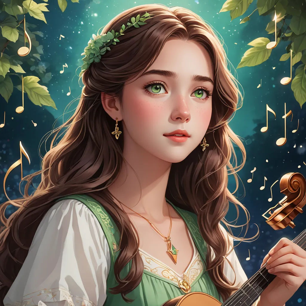 a girl with long hair holding a guitar and wearing a green dress and a green necklace with musical notes, fantasy art, a detailed painting, Artgerm, trending on art station