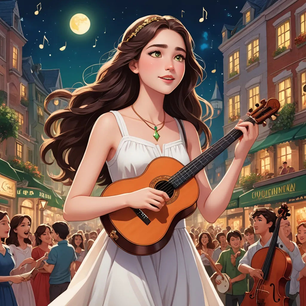 a woman in a white dress holding a guitar in front of a crowd of people in a city at night, fantasy art, a storybook illustration, Alice Prin, kinkade