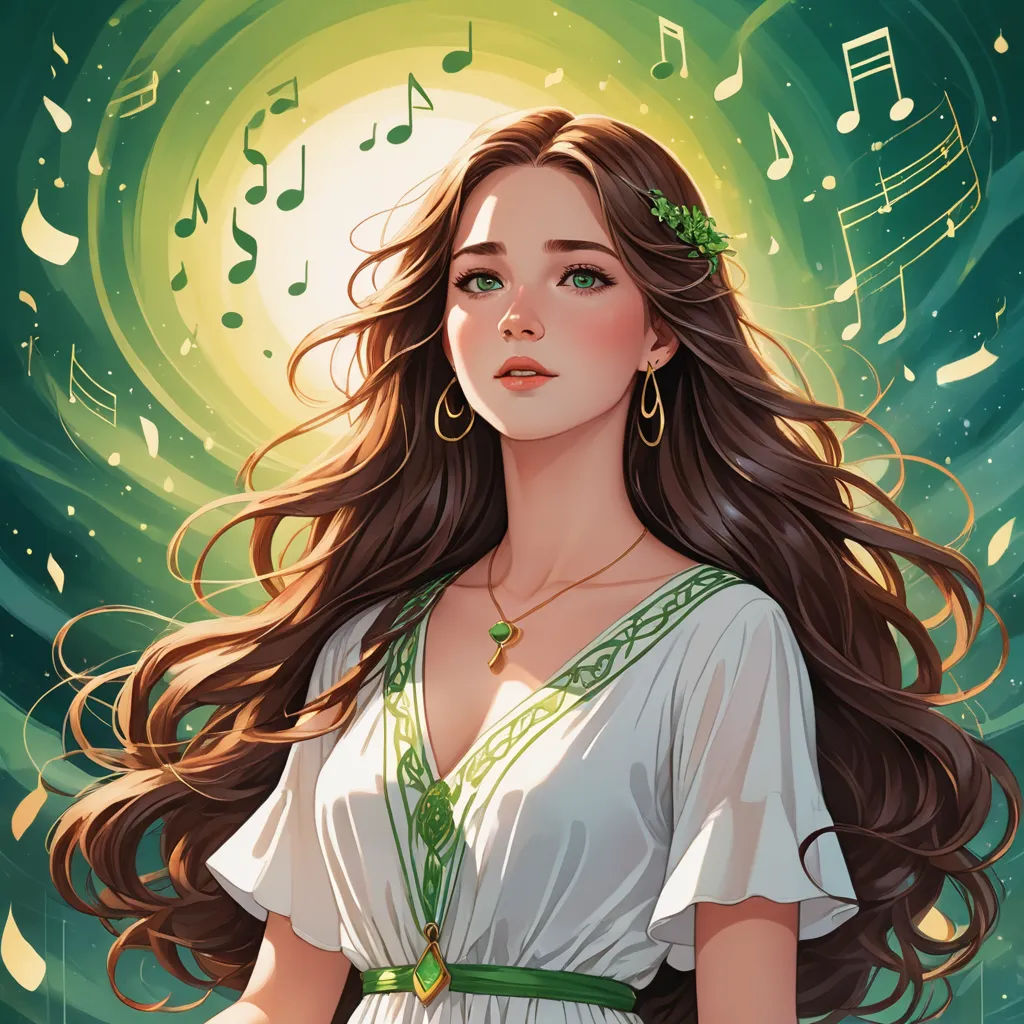 a woman with long hair wearing a white dress and green necklace with musical notes around her neck and a green background, fantasy art, a detailed painting, Charlie Bowater, rossdraws global illumination