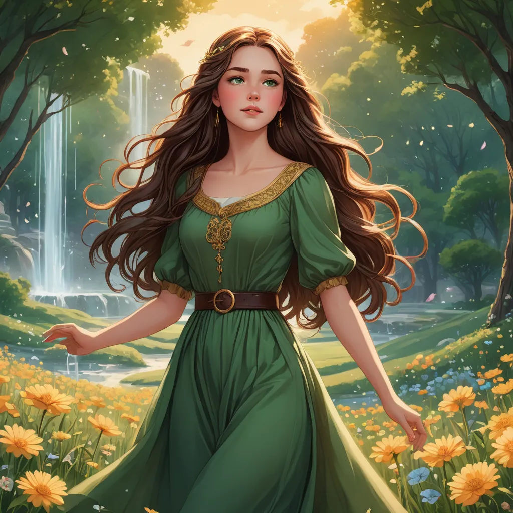 a beautiful woman in a green dress standing in a field of flowers with a waterfall in the background and a waterfall in the background, fantasy art, a storybook illustration, Anne Stokes, fantasy artwork