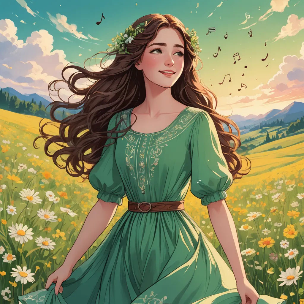 a woman in a green dress standing in a field of flowers with music notes flying above her head and a sun setting behind her, fantasy art, a storybook illustration, Clarice Beckett, trending on art station