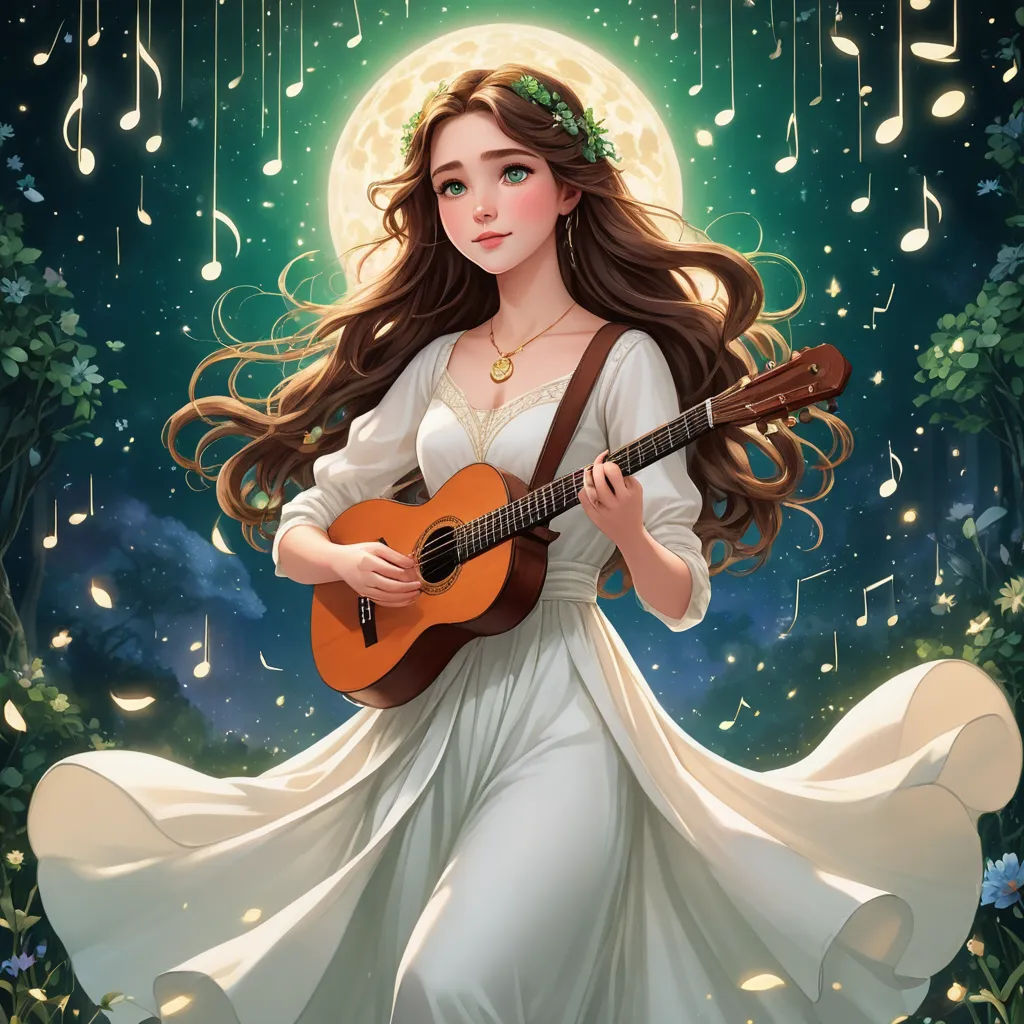 a woman in a white dress holding a guitar in her hands and a moon in the background with musical notes, fantasy art, a detailed painting, Cyril Rolando, trending on art station