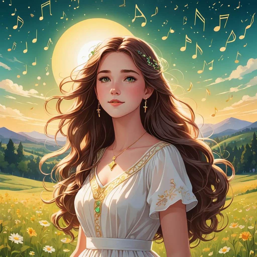 a painting of a woman in a dress with musical notes in the background and a sun in the sky, fantasy art, a detailed painting, Cyril Rolando, rossdraws global illumination