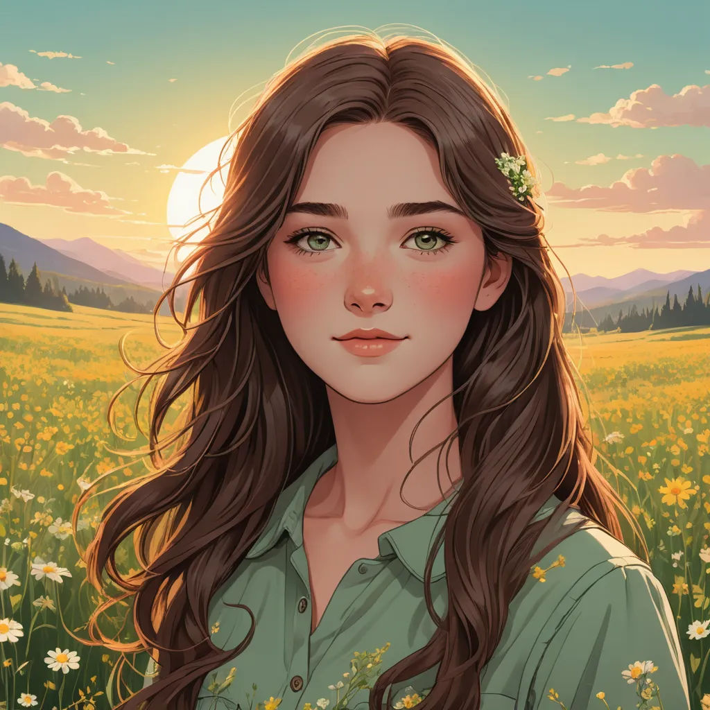 a painting of a girl in a field of flowers with a sunset in the background and a mountain range in the distance, fantasy art, a character portrait, Constance Gordon-Cumming, trending on art station