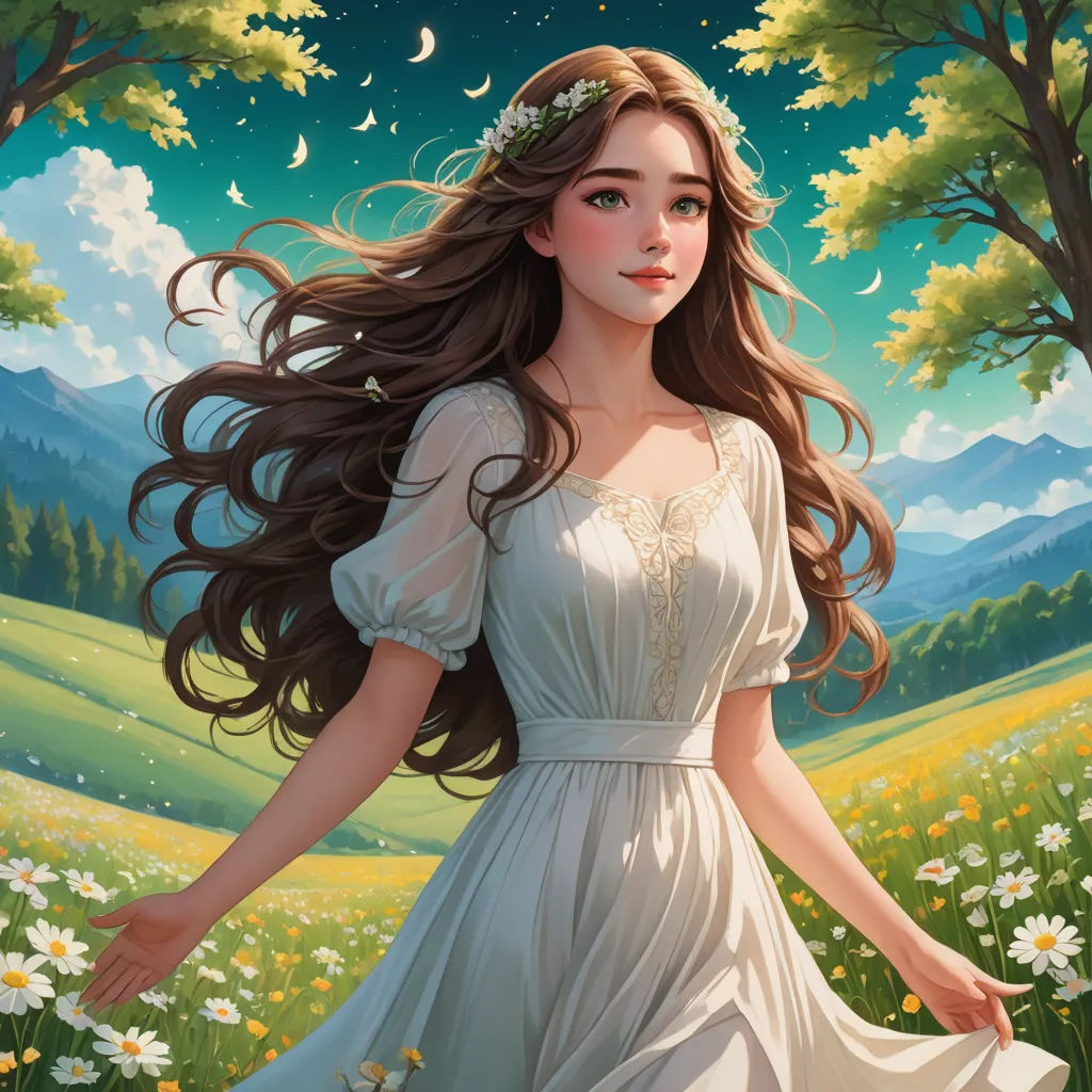 a painting of a woman in a white dress walking through a field of flowers with a full moon in the sky, fantasy art, a storybook illustration, Anne Stokes, rossdraws global illumination
