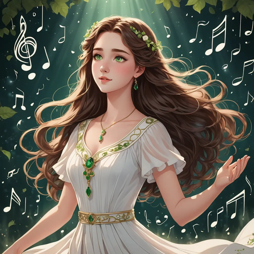 a woman in a white dress with musical notes around her neck and hands in the air, with a green necklace on her neck, fantasy art, a detailed painting, Anne Stokes, trending on art station