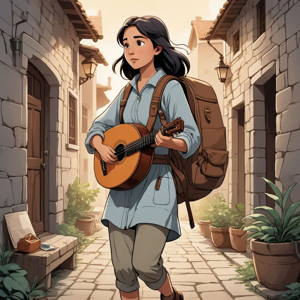 a woman with a guitar walking down a street in a village with a potted plant and a door, fantasy art, a character portrait, Cedric Seaut (Keos Masons), official art