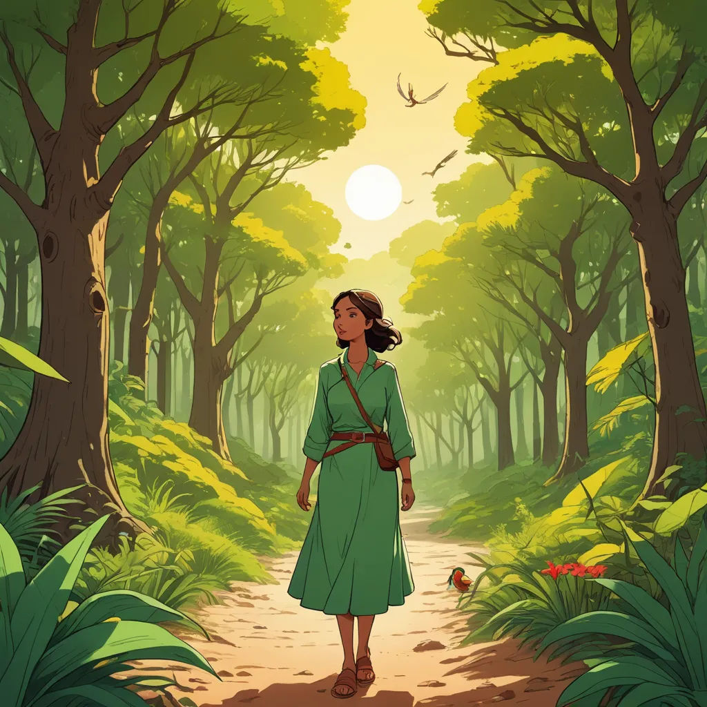 a woman in a green dress walking through a forest with trees and birds on the ground and a bird flying overhead, serial art, a storybook illustration, Asaf Hanuka, promotional image