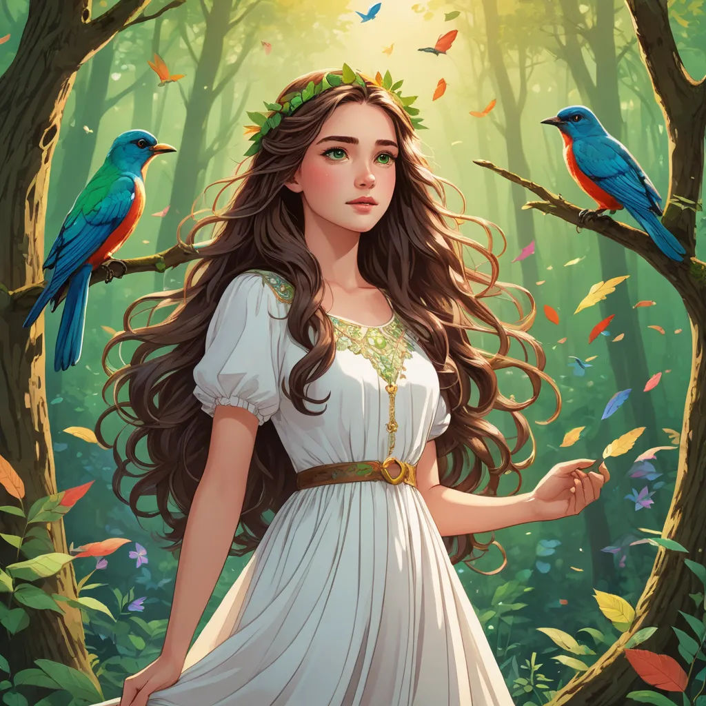 a woman in a white dress standing in a forest with two birds on her shoulder and a crown on her head, fantasy art, a detailed painting, Anne Stokes, rossdraws global illumination
