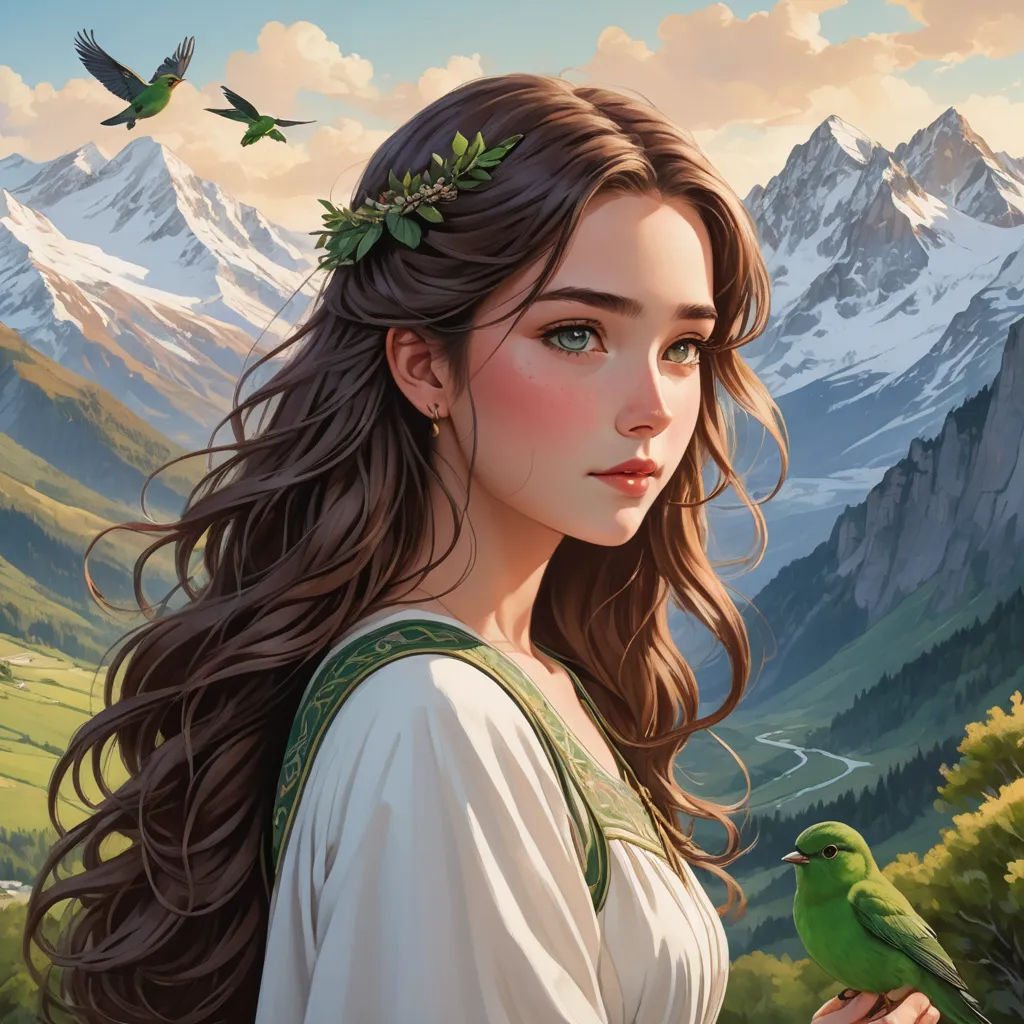 a painting of a girl with a bird on her shoulder and mountains in the background, with a bird perched on her shoulder, fantasy art, a detailed painting, Artgerm, trending on art station