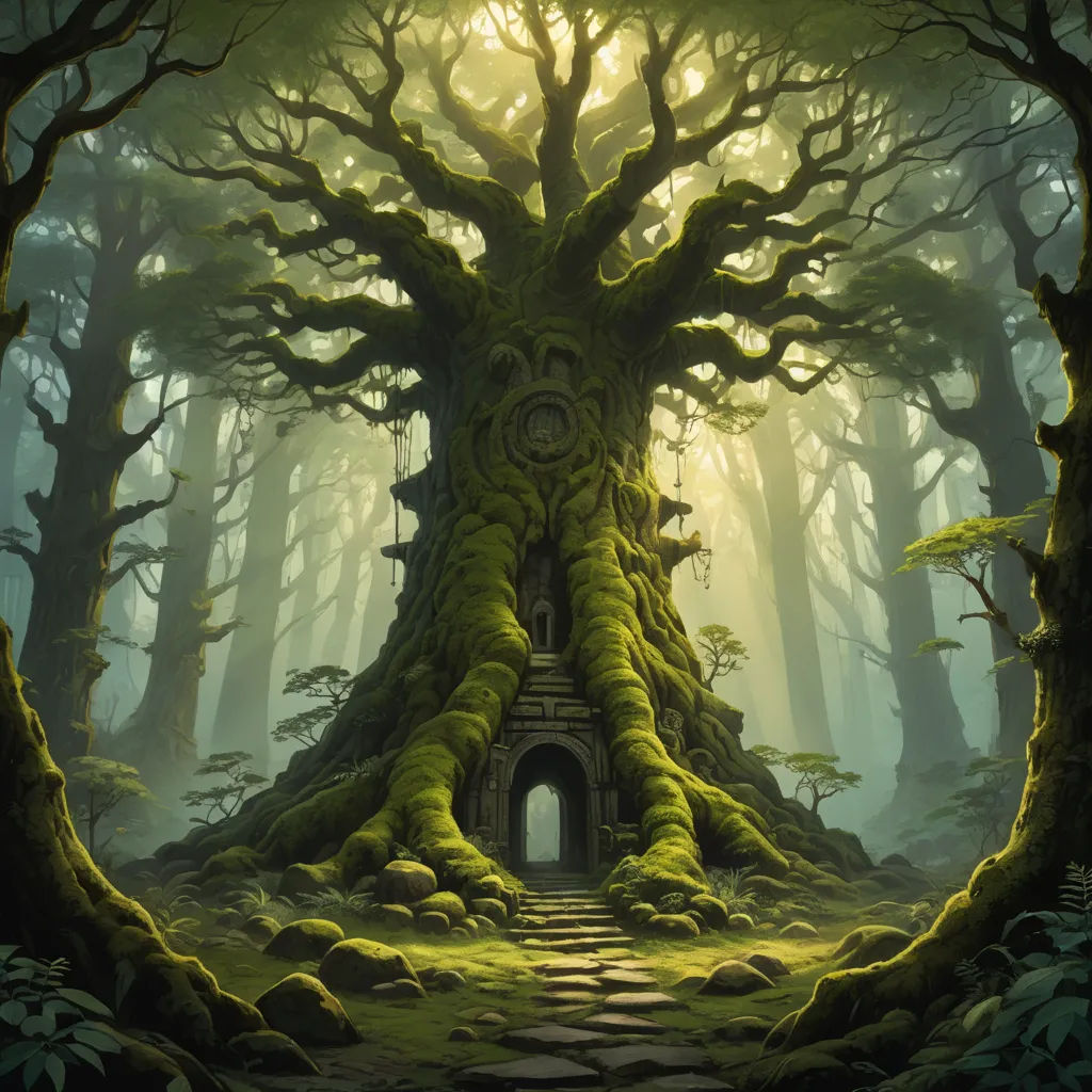 a painting of a tree with a doorway in the middle of it in a forest with moss growing on the ground, fantasy art, a detailed matte painting, Christophe Vacher, matte fantasy painting
