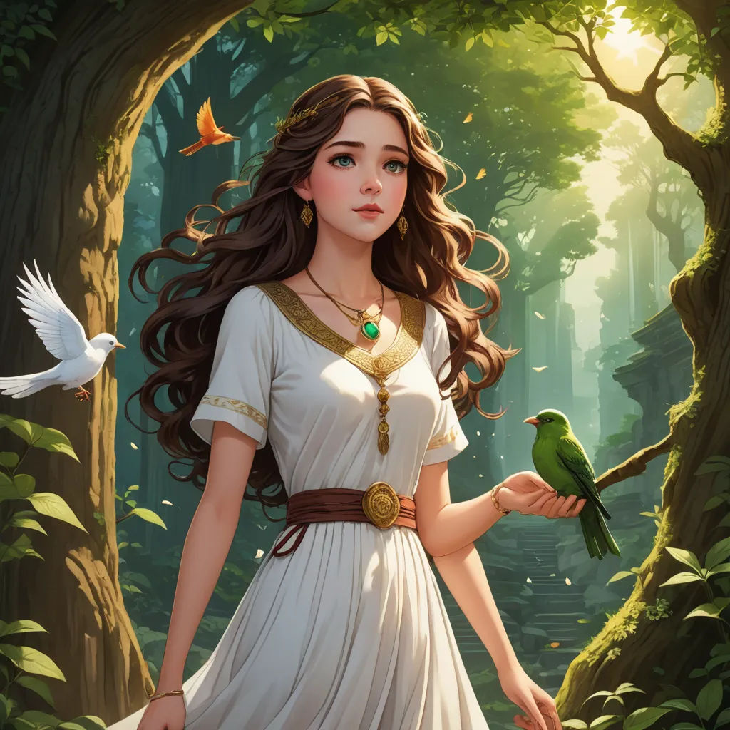 a woman in a white dress holding a bird in a forest with a bird on her arm and a bird on her shoulder, fantasy art, a storybook illustration, Anne Stokes, rossdraws global illumination