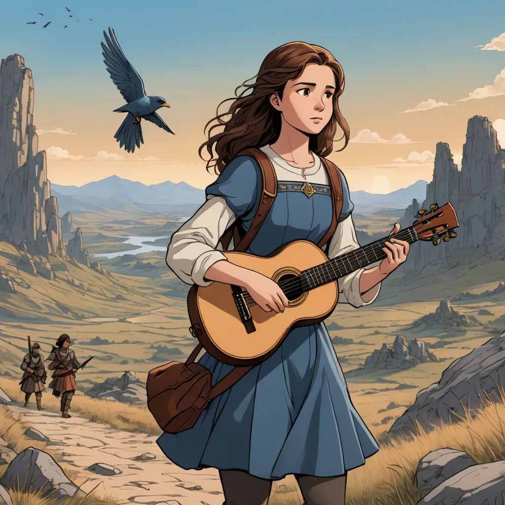 a woman in a blue dress holding a guitar and a bird flying over her shoulder and a man in a brown suit and hat, fantasy art, a storybook illustration, Christophe Vacher, comic cover art