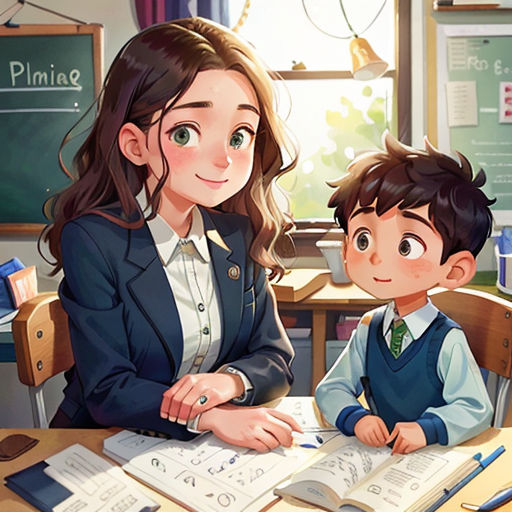 a woman and a boy sitting at a desk in front of a book and a book with a pencil