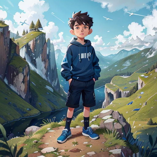 a boy standing on a cliff with a mountain in the background and a sky with clouds above him, with a mountain in the background
