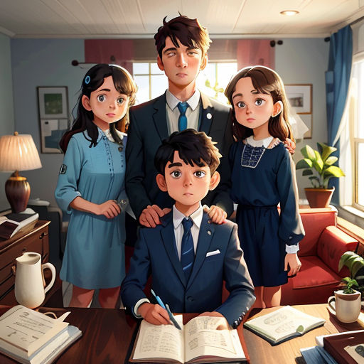 a family of four standing in front of a desk with a book and a cup of coffee on it